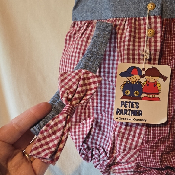 Pete's Partner Vintage Red Gingham and Blue Denim Romper With Headband 6-9mos - Picture 4 of 7